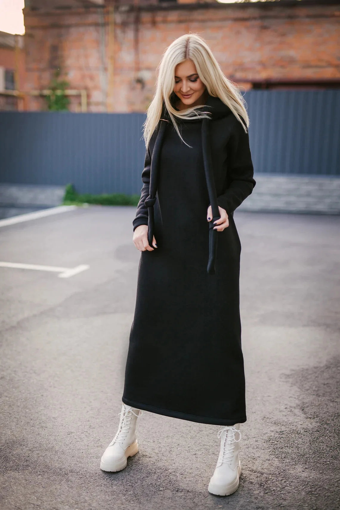 Plus Size Women Fashion Loose Autumn Winter Large Knitted Hooded Long Dress Velvet Hoodie Casual Dress Splicing Warm Dress
