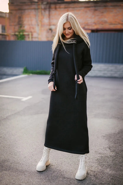 Plus Size Women Fashion Loose Autumn Winter Large Knitted Hooded Long Dress Velvet Hoodie Casual Dress Splicing Warm Dress