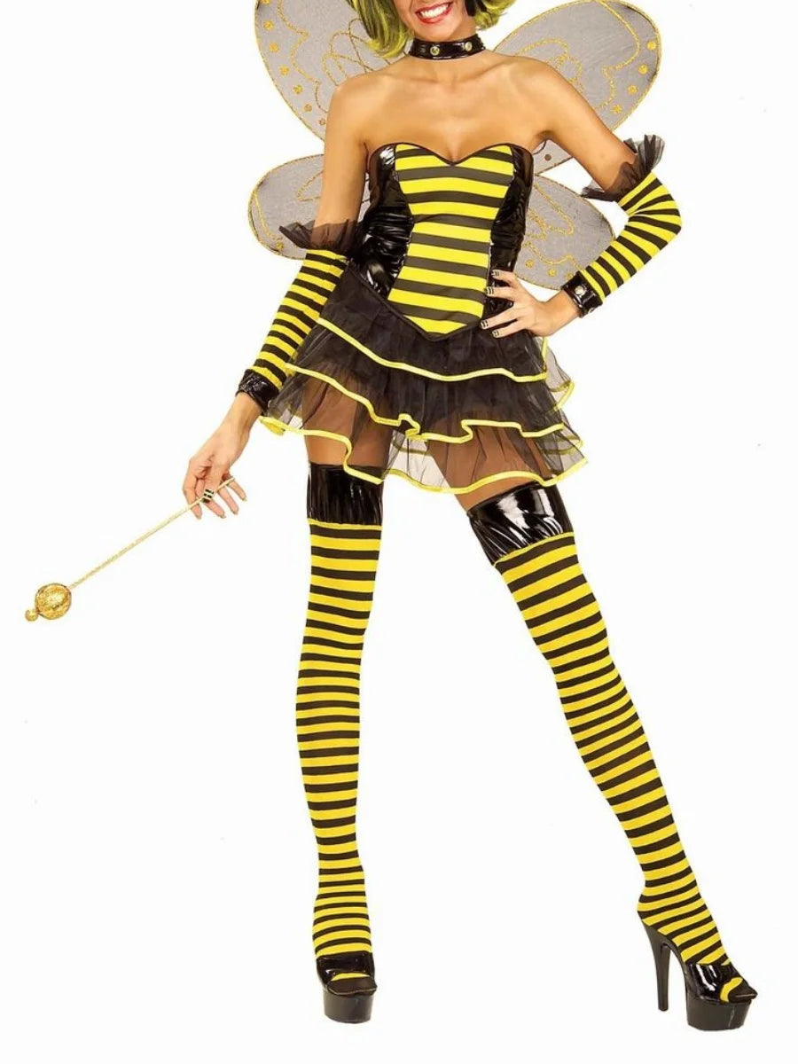 Women Halloween Bee Costume Set Sleeveless Cami Bodysuit with Cute Headband and Mesh Wing