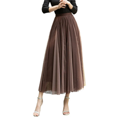 Women Color Block A-line Skirt Mid Length Drape Feeling High Waist Slim Mesh Skirts Carnival Festival Party Performance Costume