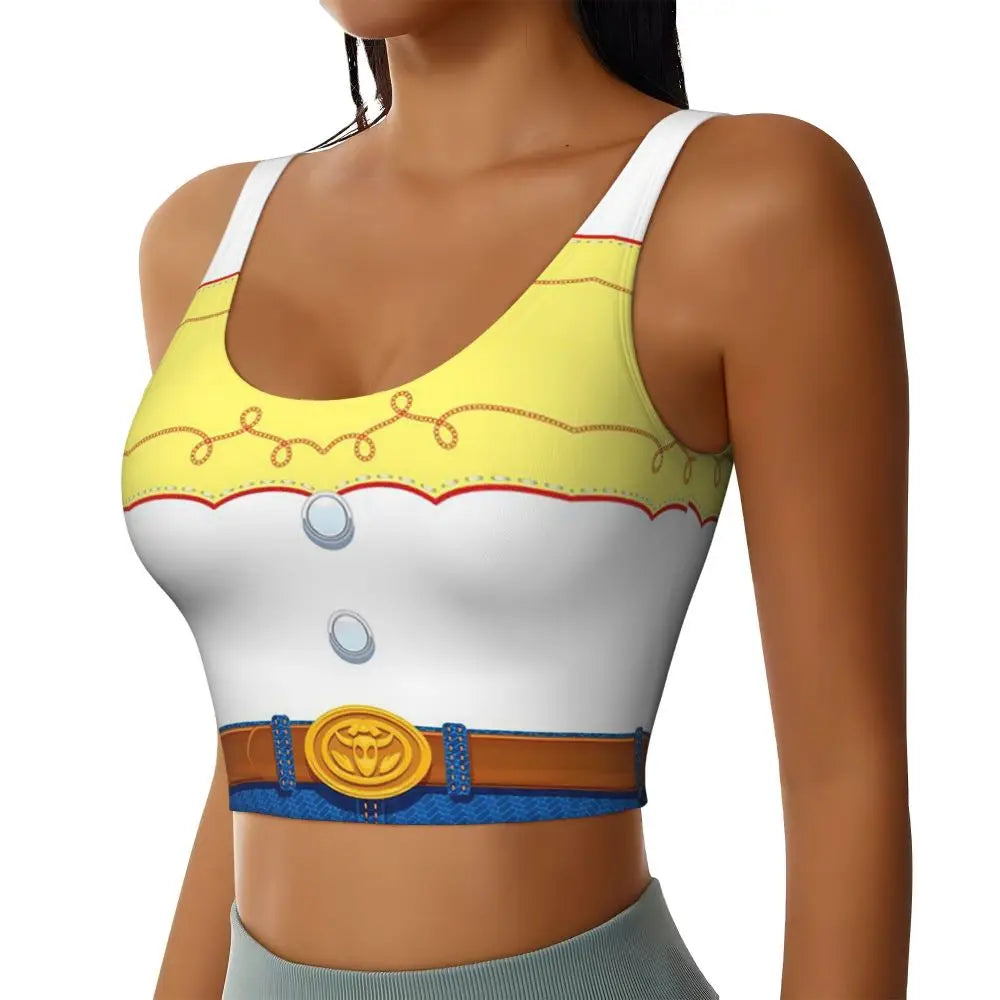Toy Story Jessie sports bra featuring a vibrant design and a comfortable fit for active wear.