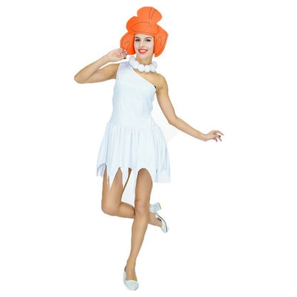 EtherealBe Wilma Flintstone costume for women featuring a white dress and orange wig