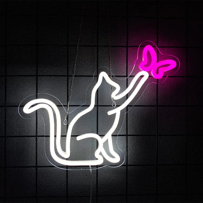 Cool Cat with Glasses Neon Sign for Wall Decor, Moon Cat USB  LED Neon Light Sign for Preppy Room Birthday Party Decoration