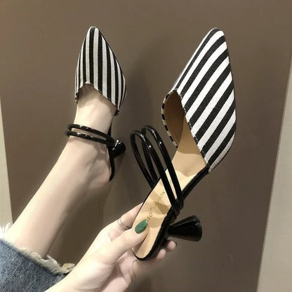 Elegant Woman Heeled Shoes Luxury Heel Shoe Striped Black Summer Women Sandals Fashion Designer Summer New 2023 High Slippers
