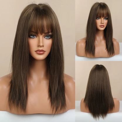 Element Medium Length Synthetic Straight Natural Brown Wigs with Side Bangs Heat Resistant Party Wigs for White/Black Women