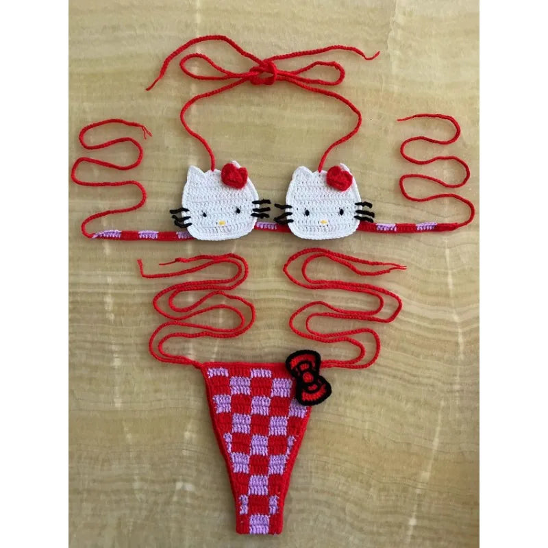 Cute Crochet Bikini Set 2 Pieces Lady's Bathing Suits Sexy Micro Bikinis Ties Swimsuit Thong Swimwear Kwaii Womens Swimming Suit