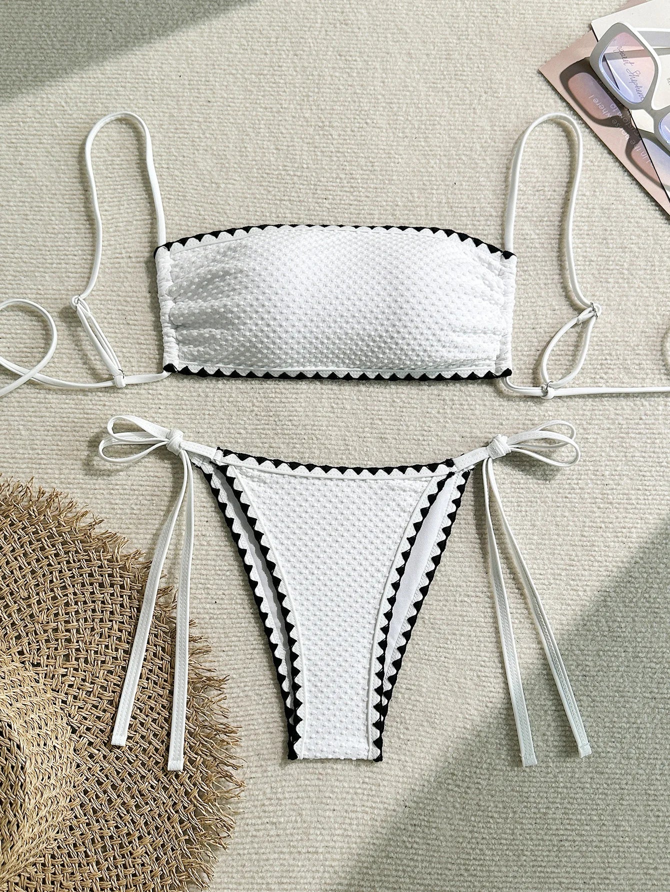 Swimwear White 2 Piece Strapless Swimsuit for Women Sexy Bandeau Backless Bikini Set Lace-up Patchwork Bathing Suit 2025 New