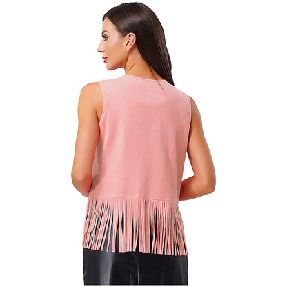 Womens Western Cowgirl Hippy Cosplay Costume Vintage Hollow Out Tassel Tank Tops Fringe Vest 70s Disco Faux Suede Waistcoat