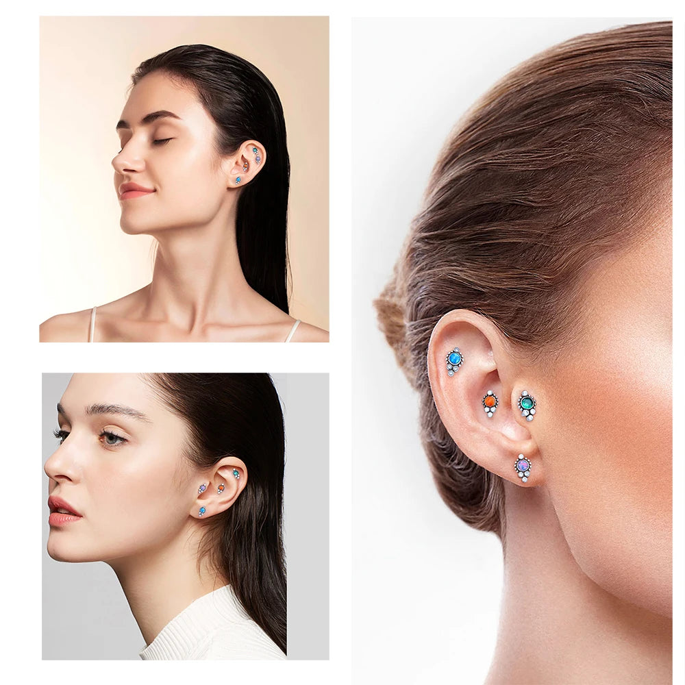 G23 Titanium ASTM F136 Cartilage Ear Studs Zircon Opal Agate Labret Lip Tragus Christmas Gift Piercing Jewelry For Women