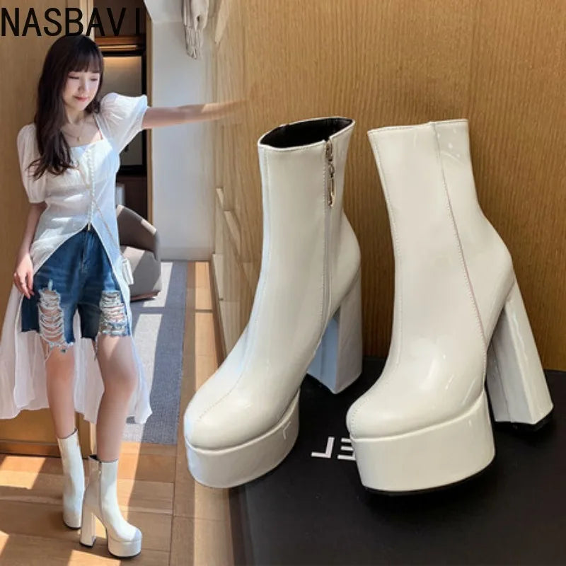 Autumn Winter 2025 New Super High Heels Zipper White Ankle Boots for Women Round Head Casual Party Versatile Platform Shoes 43