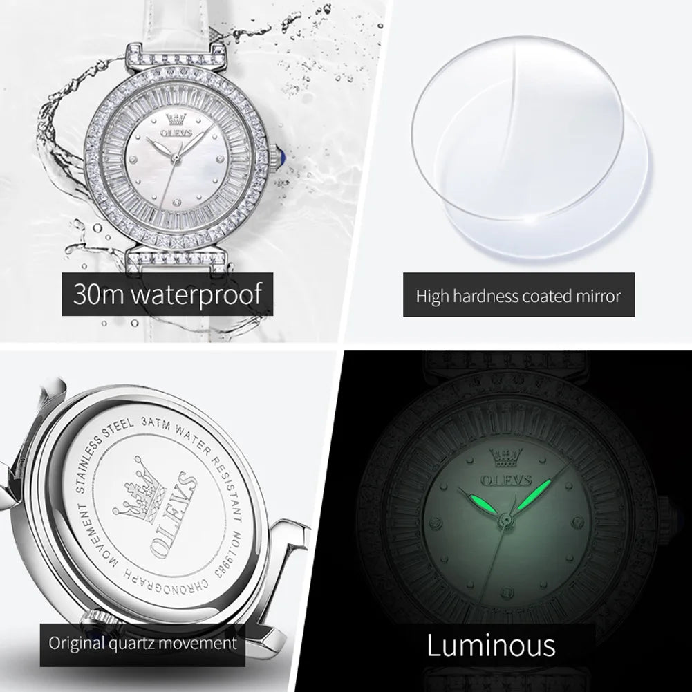 OLEVS 9983 Women's Watches Light luxury Fashion Original Quartz Watch for Ladies Waterproof Leather Strap Luminous Diamond Dial