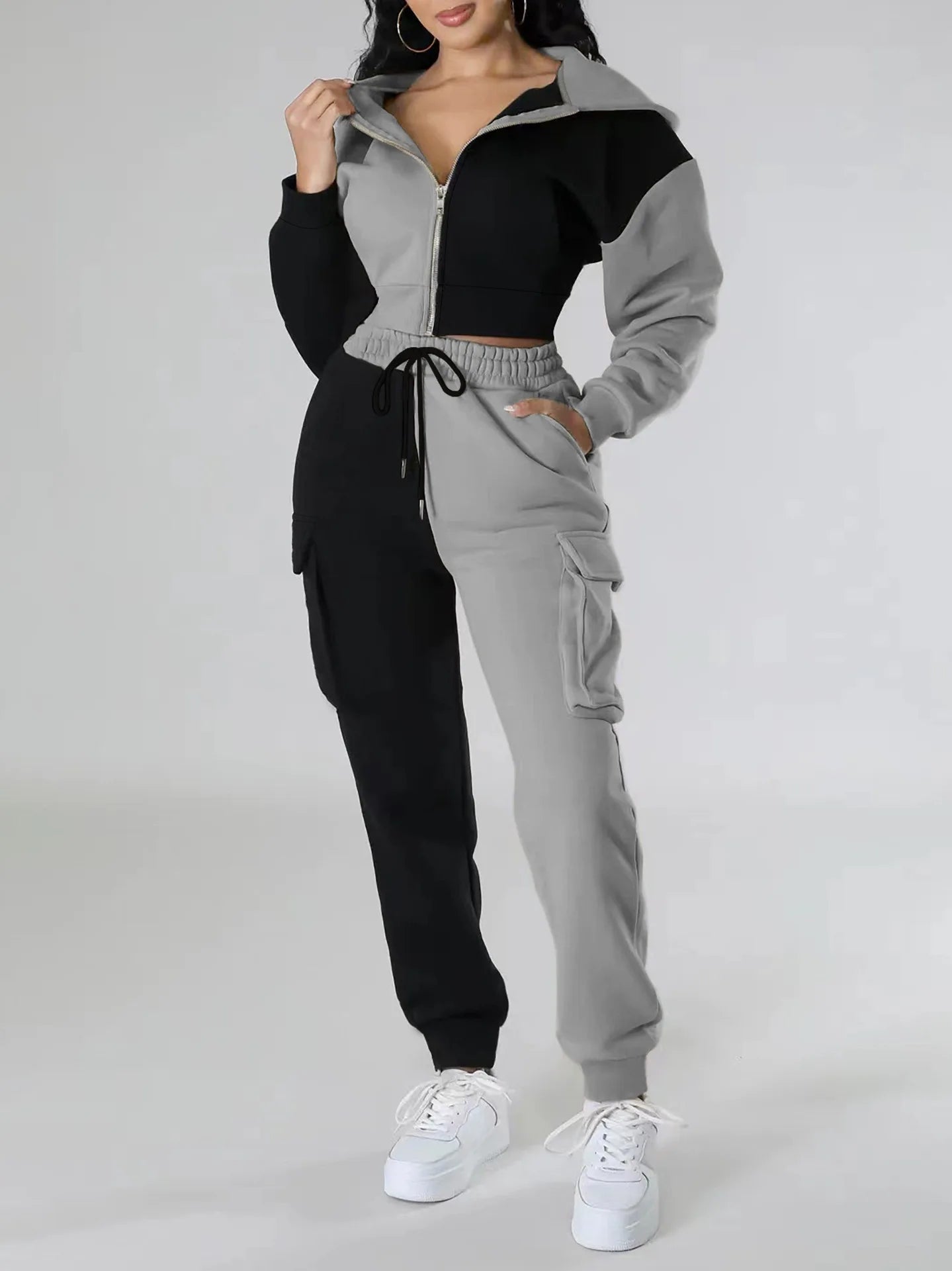Women Loose Autumn Winter Two Pieces Suit Matching Sets Hoodie Tracksuit Blocked Zipper Short Outerwear Drawstring Cargo Pants