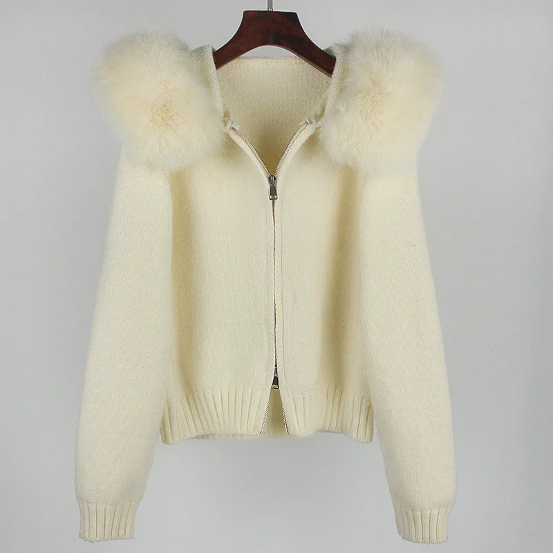 OFTBUY Real Fox Fur Kintwear Women 2025 New Spring Autumn Hooded Sweater Female Loose Zipper Kintted Jacket Oversized Cardigan