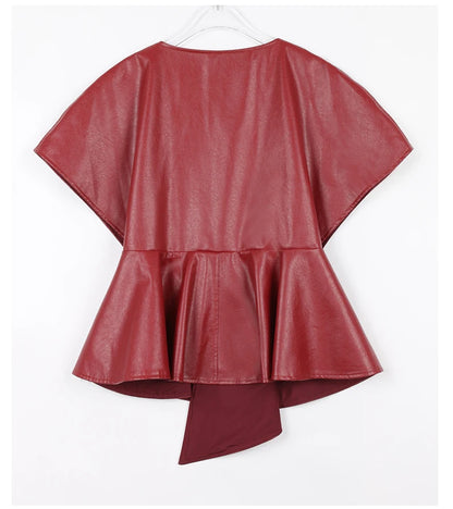 Nerazzurri Spring Short Red Faux Leather Vest Women Belt Runway Fashion Elegant Luxury Designer Clothes Sleeveless Jacket 2022