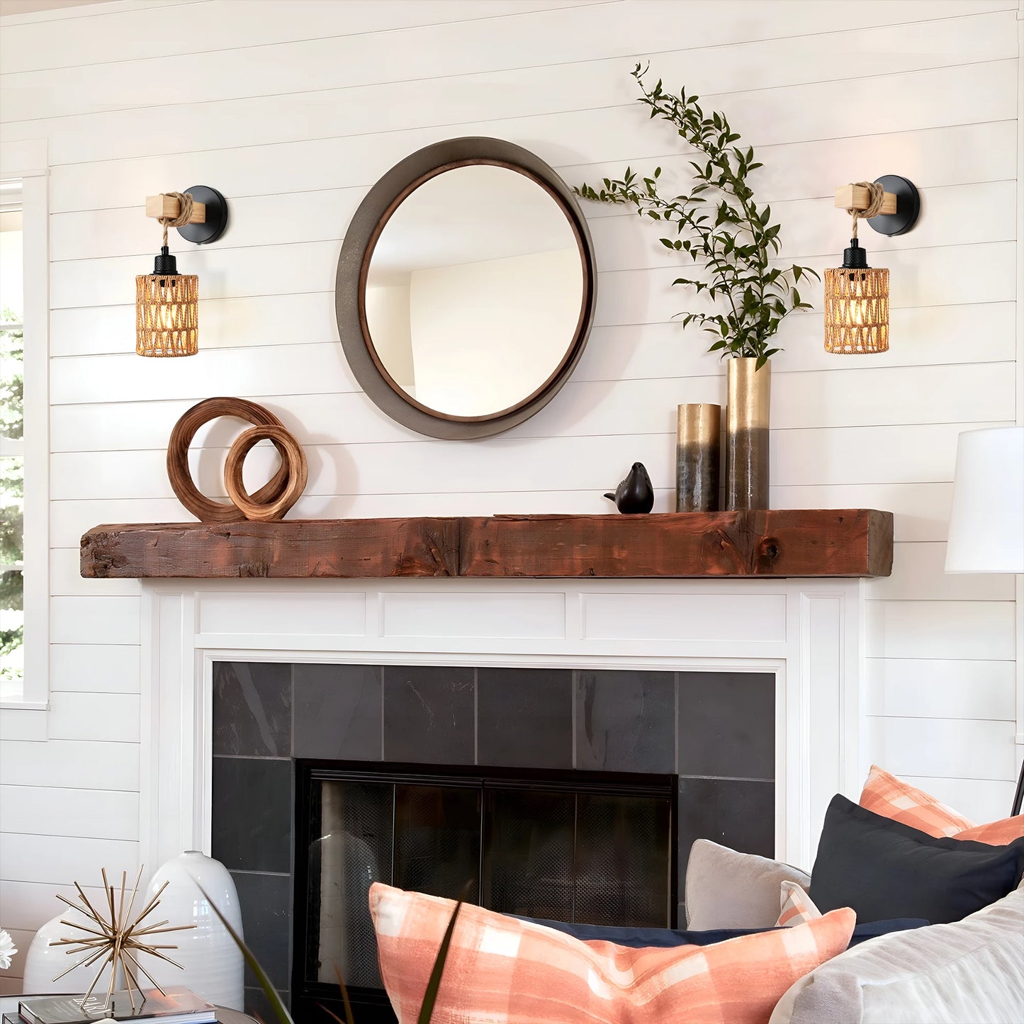 Rattan Wall Sconces Set of Two,Wall Lights with Dimmable, Boho Wall Mount Light Fixtures, Wicker Wall lamp  for Bedroom Nursery