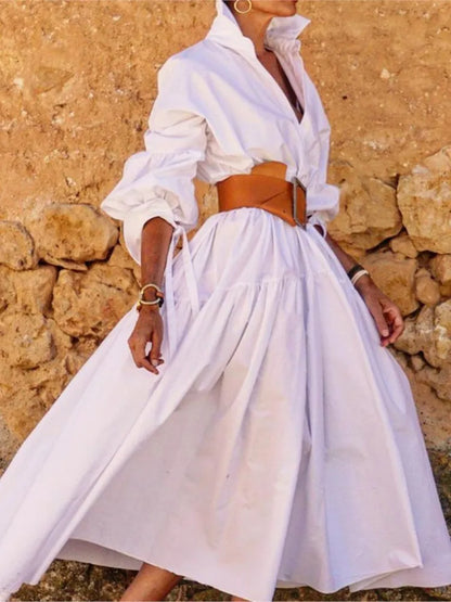 2024 Autumn New Women's Clothing Solid Color Fashionable Temperament Long Sleeved Sleeve Lace Up Casual Mid Length Lapel Dress