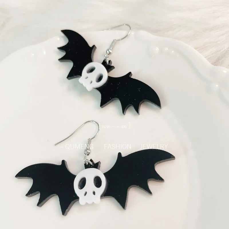 EtherealBe Halloween earrings for women featuring black bat design with skull detail