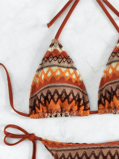 2026 Women's 2-piece Swimsuit Sexy Knitted Striped Bikini Set Triangle Bra Suspender Halter Backless Beach Vacation Swimwear