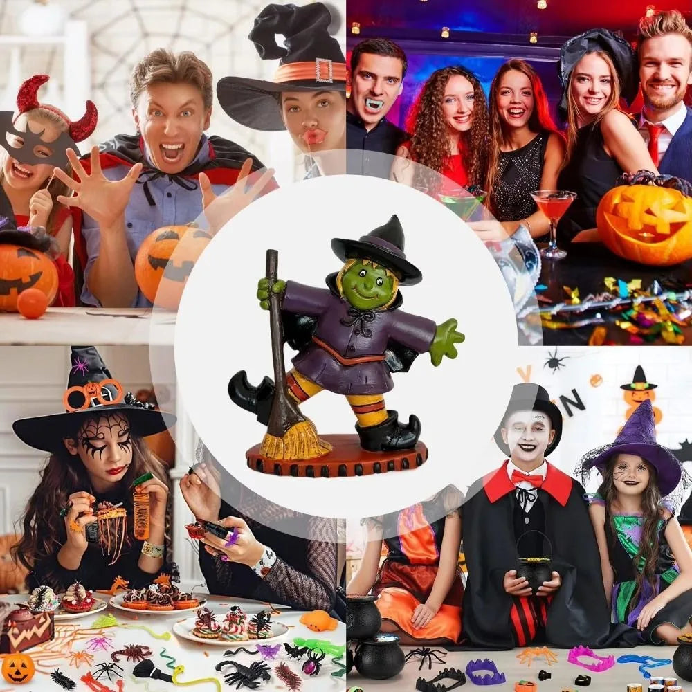 EtherealBe Halloween witch figurine in a festive setting with partygoers and decorations