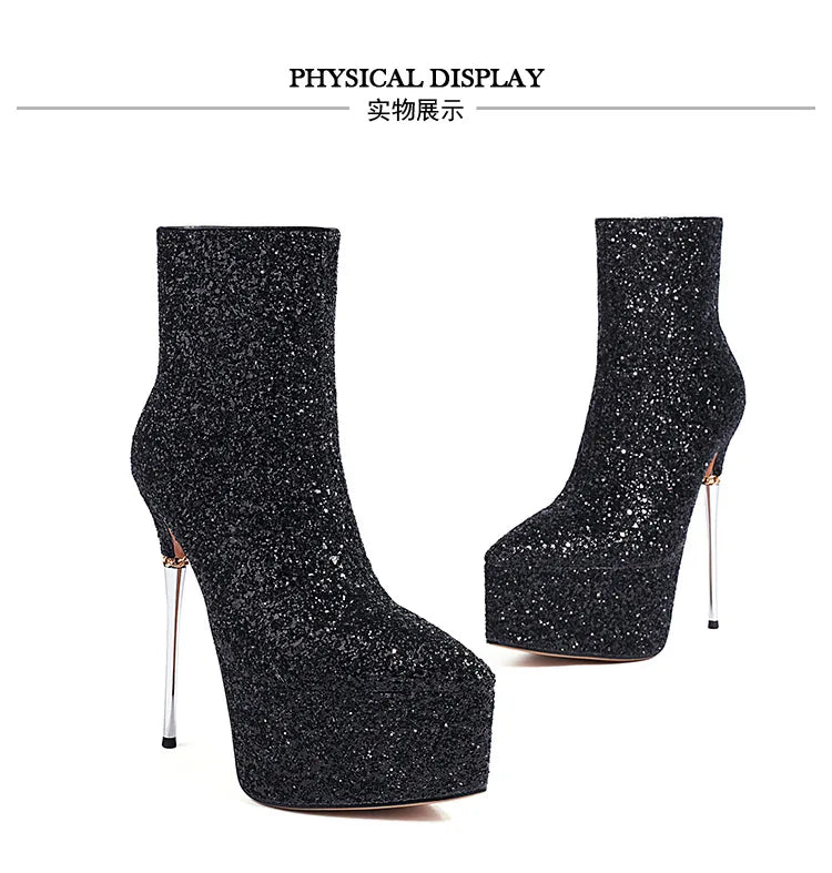 2025 New Autumn Winter Shiny Stiletto Ankle Boots Woman High Heels Glitter Bling Short Boots Women Platform Pointed Toe Shoes