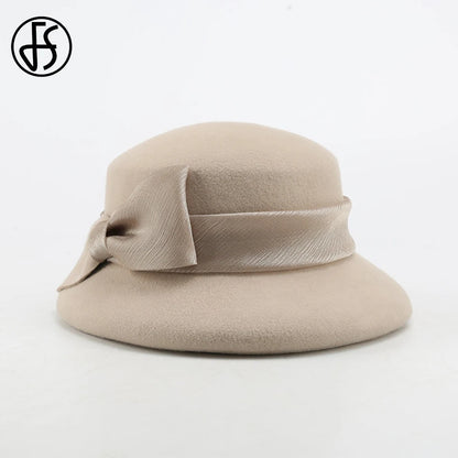 FS Fashion Warm Wool Felt Women's Fedoras Simple Chic Hats Bowknot Bucket Cap Ladies Top Hat Vintage Caps For Women