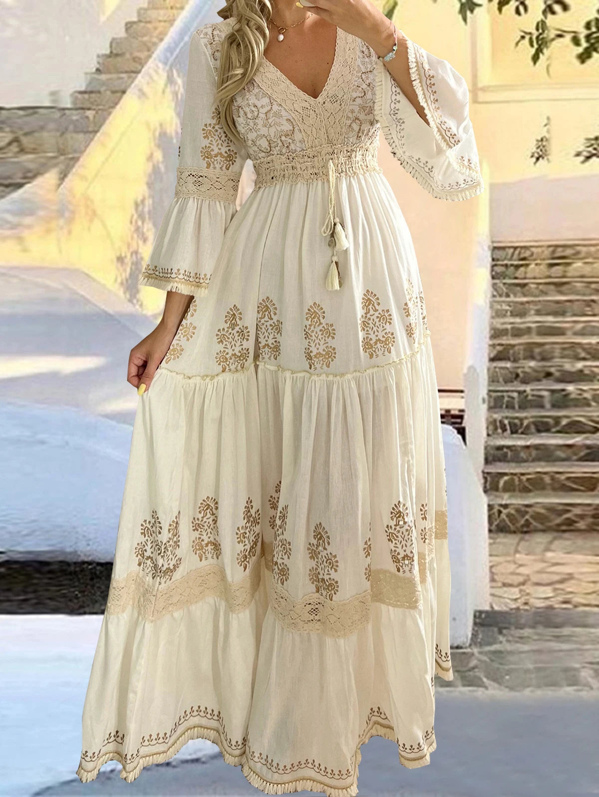 New Retro Women's Dress Floral Print Lace V-Neck Elegant Classic Flared Sleeve Holiday Maxi Dress Elegant Classics Versatility
