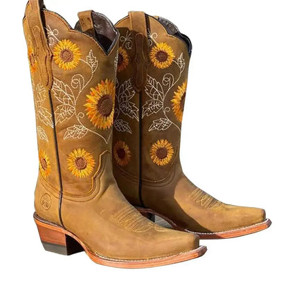 New Women Coffee Brown Embroidery Boots PU Leather Printed Western Cowboy Boots Deep V-mouth High Tube Casual Boots Classic