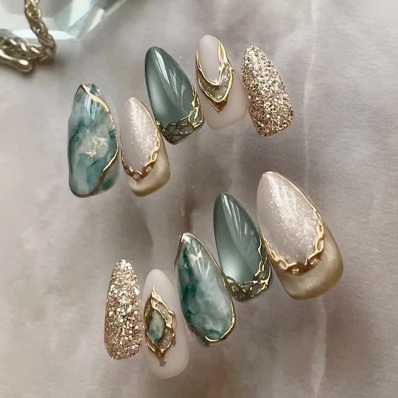 24Pcs 3D Green Ripple Design False Nails Cat's Eye French Almond Fake Nail Tips Leaves Pattern Removable Oval Press on Nails