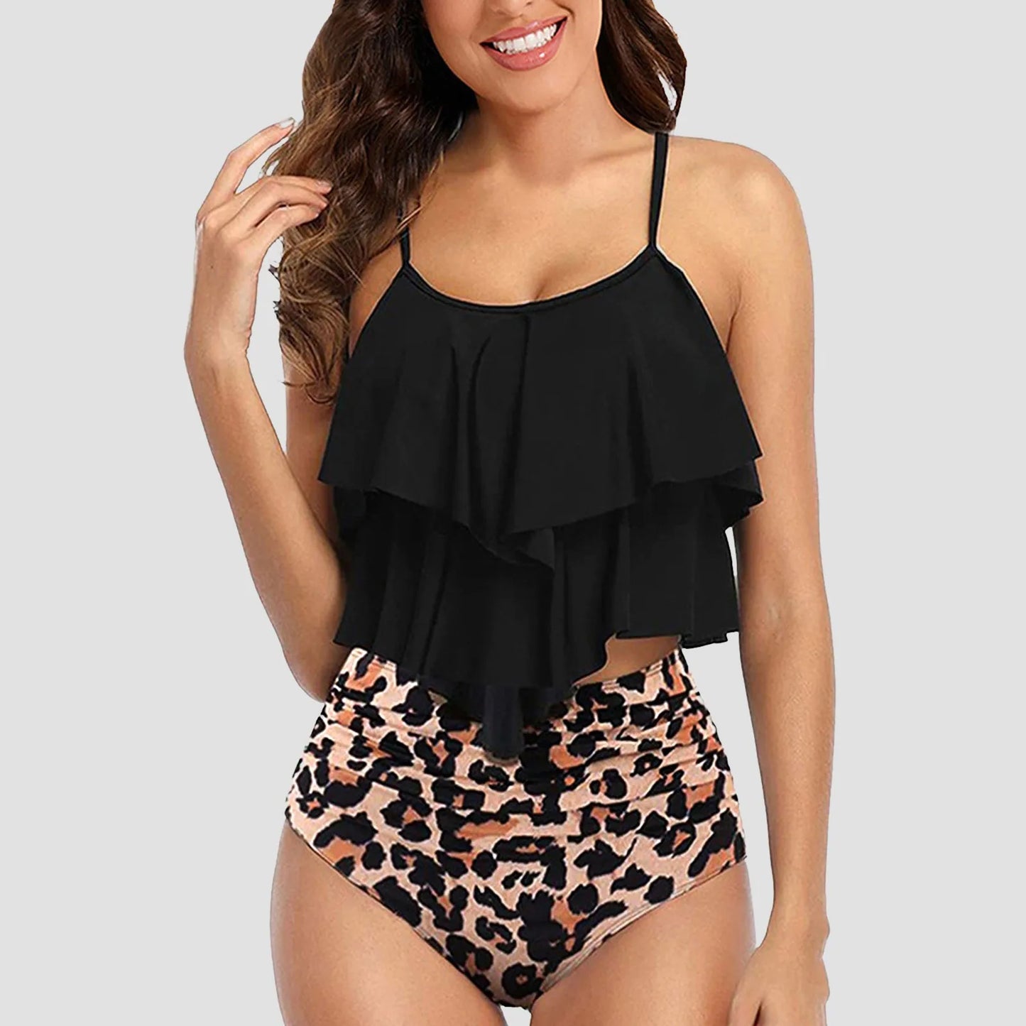 Chic Elegant Bikini Summer Multi-Layer Ruffled Edge Folds Crew Neck Sling Swimwear High Waist Thong Separate Two-Piece Swimsuit