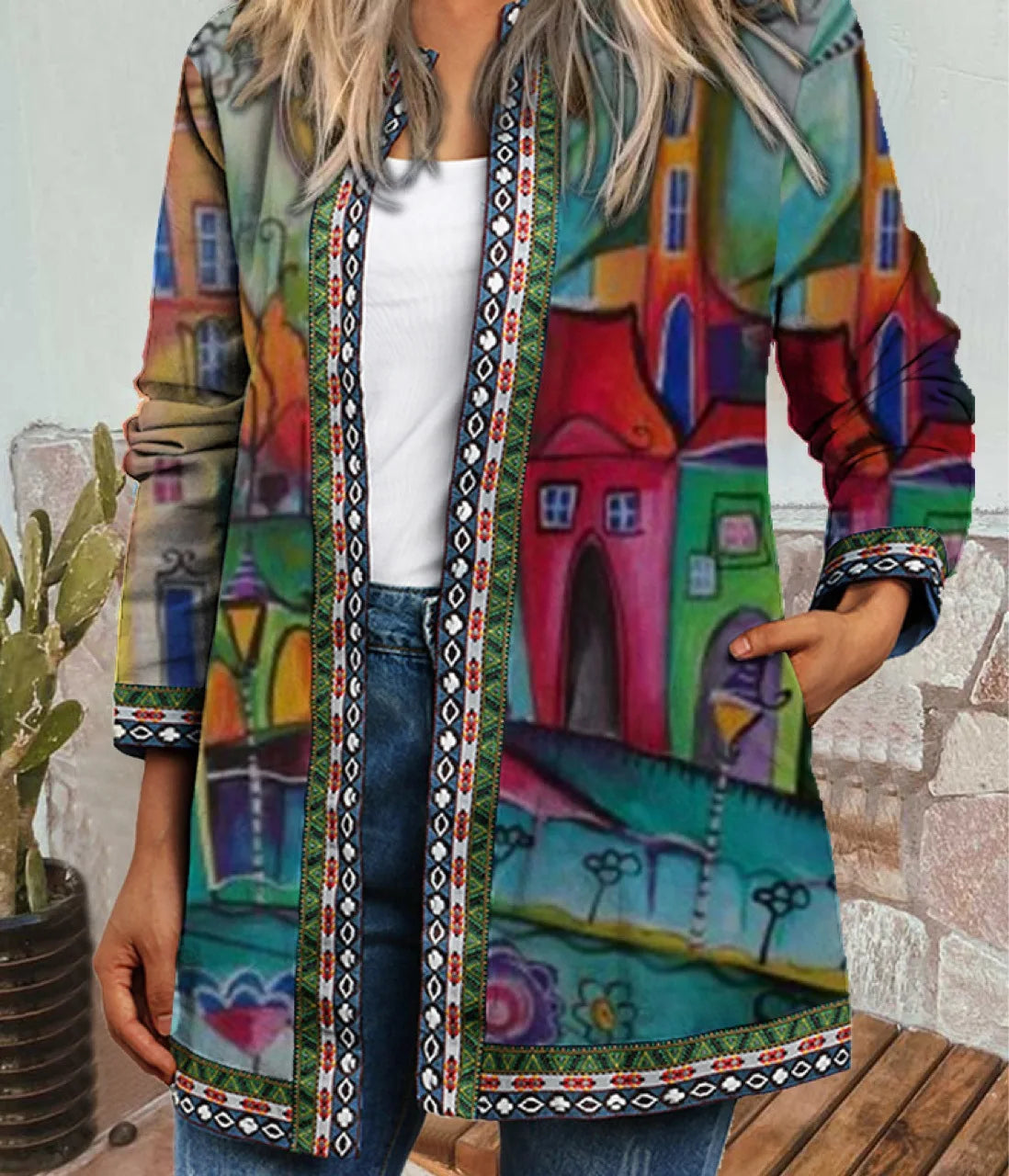 Autumn Winter Fashion Colorful Boho Floral Print Open Front Cardigan Casual Loose Long Sleeve Lightweight Jacket With Pockets