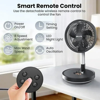 Belife X10 Portable Fan, Cordless Oscillating Fan with Remote, Foldable Telescopic Adjustable Height Fan with LED Light & Timer
