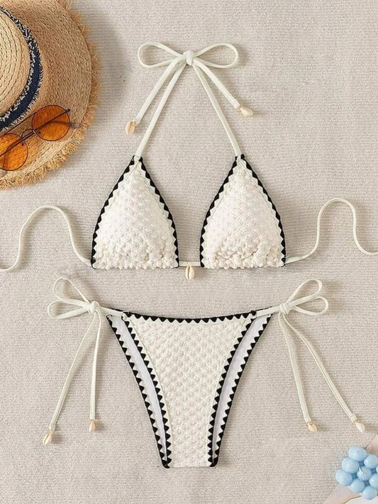 Sexy White Contrast Bikinis Sets 2025 Women Shell Ornament Push Up Tie Side Thong Swimsuit Summer Bathing Suit Micro Swimwear