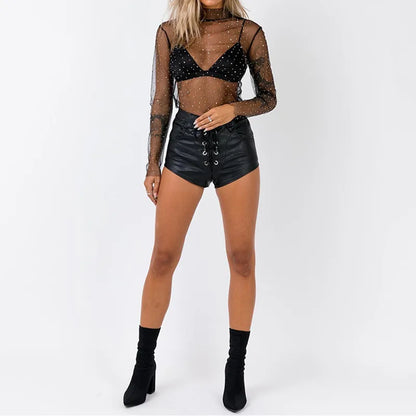 Women Sexy See Through Shirts Perspective Mesh Long Sleeve Tops Turtleneck Neck Sheer Blouse Shine Rhinestone T-Shirts Tee Club