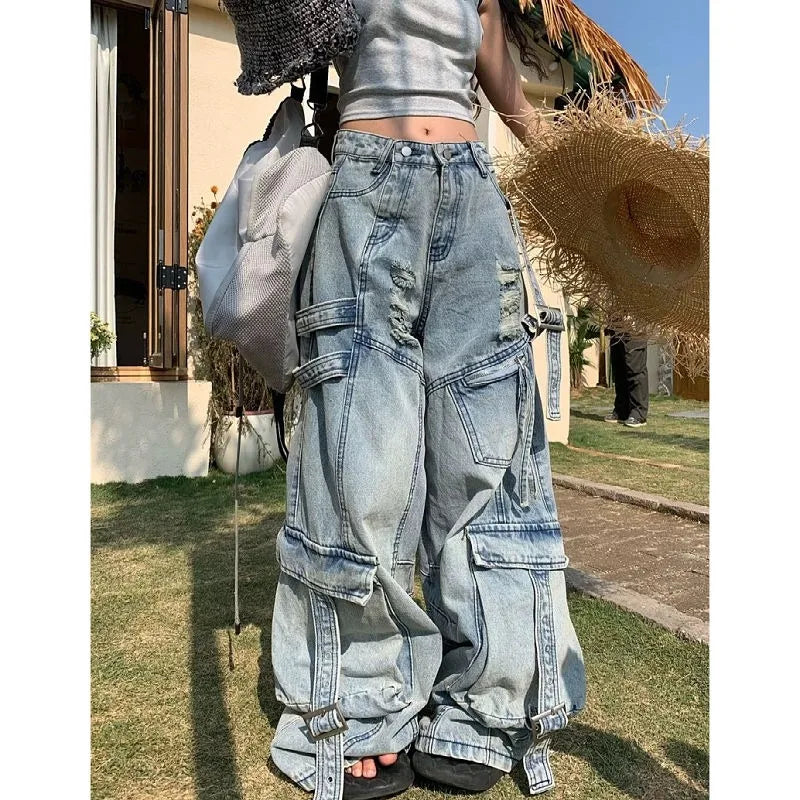 American Fashion Trends Joker Tooling Pocket Baggy Jeans Female Street Y2K New Hip Hop Oversized Wide-leg Pants Unisex Jeans