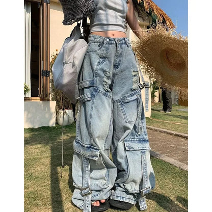 American Fashion Trends Joker Tooling Pocket Baggy Jeans Female Street Y2K New Hip Hop Oversized Wide-leg Pants Unisex Jeans