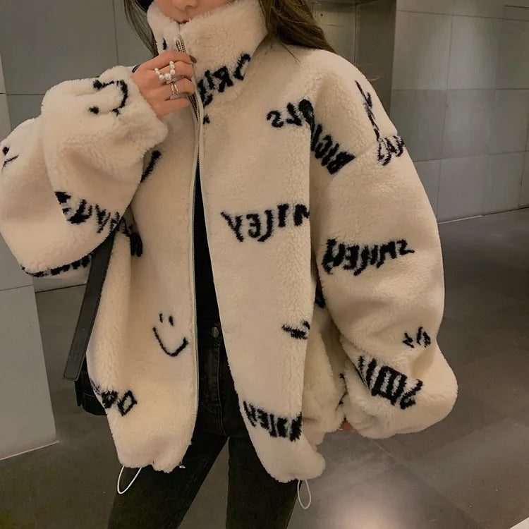 Jackets For Women 2022 Winter Cashmere Chic Printing Hooded Fashion Street Outerwear Sweet Casual College Women's jacket Coat