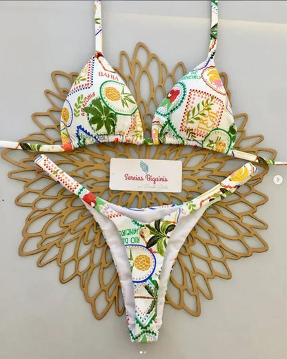 Print Sexy Bikini Sets Halter Lace-up Tops Thongs Beach Style Bathing Suit Y2k Swimsuits Women Beachwear Купальник Женский 2025