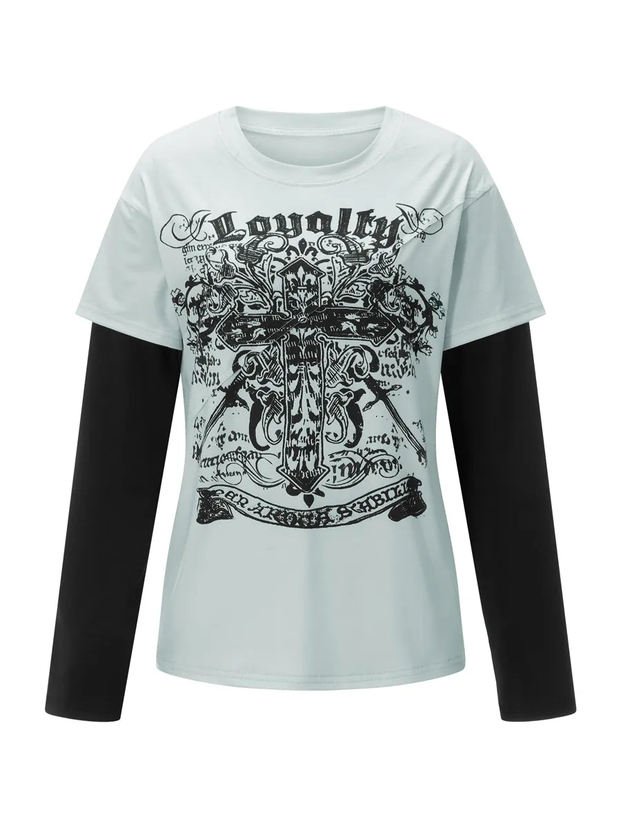 Women s Y2K Fairy Grunge Shirt Vintage Cross Graphic Patchwork Long Sleeve Crewneck T-Shirt Aesthetic Tee Top