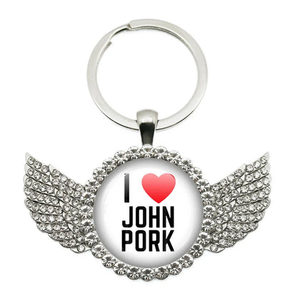 New John Pork Is Calling Answer Call Phone Humor Funny Pig Lover Graphic Meme Glass Dome Pendant Cabochon Keychain Jewelry Gifts