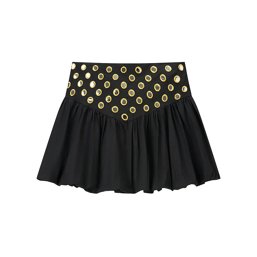 Women's Metal Hollow Pleated Suspender Skirt Two Piece Set Sexy Sleeveless Vest High Waist Mini Skirt Lady Vacation Dress Sets