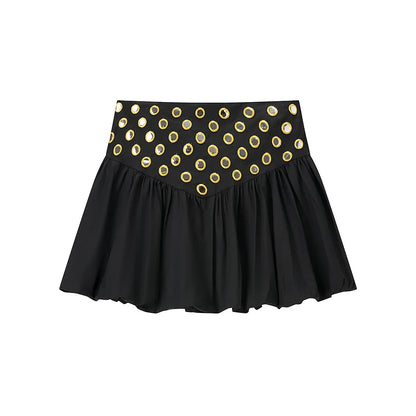 Women's Metal Hollow Pleated Suspender Skirt Two Piece Set Sexy Sleeveless Vest High Waist Mini Skirt Lady Vacation Dress Sets