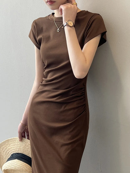 Slim Fit T-irt Dr Women's Spring Summer ort Sve Pleated Waist Cinching A-Line Midi Dr Small Stature 50