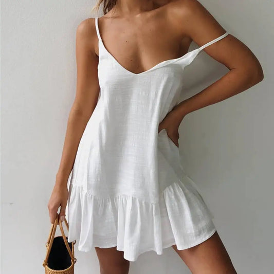 Spaghetti Strap Dresses Off Shoulder Women Summer Dress 2023 White Shift Dress Ruffle Sexy Sundress Mini Cotton Linen Vestidos