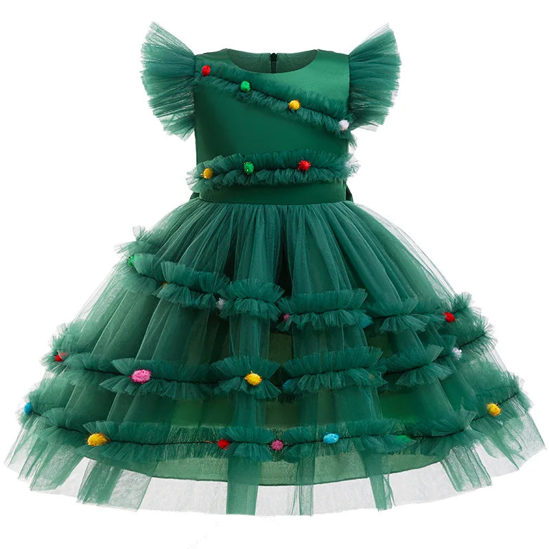 Merry Christmas Girls Cute Christmas Tree Mesh Fashion Princess Dress Party Costumes 2-10 Years Kids Clothes