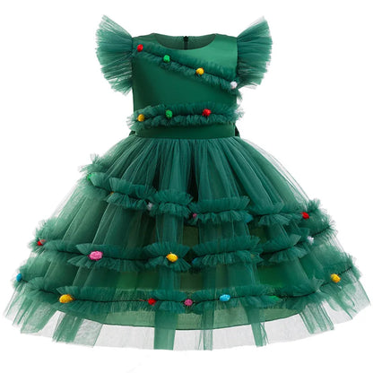 Merry Christmas Girls Cute Christmas Tree Mesh Fashion Princess Dress Party Costumes 2-10 Years Kids Clothes