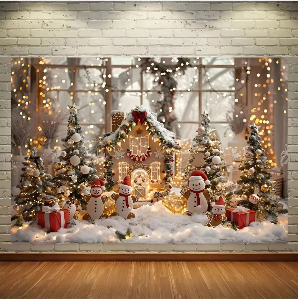 Christmas background with pine trees, gifts, deer, suitable for replacing cookies, candy theme family Christmas party decoration