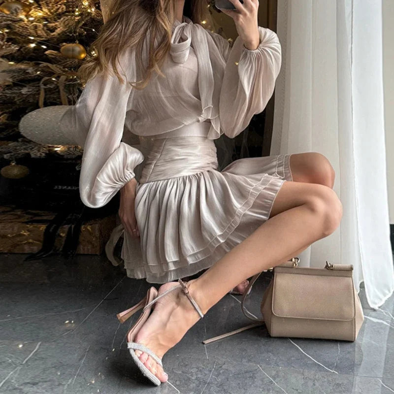 Elegant Bow Lace Up Top Skirts Set for Women O-neck Long Lantern Sleeve Blouses High Waist Pleated Skirt 2025 New Lady Outfits