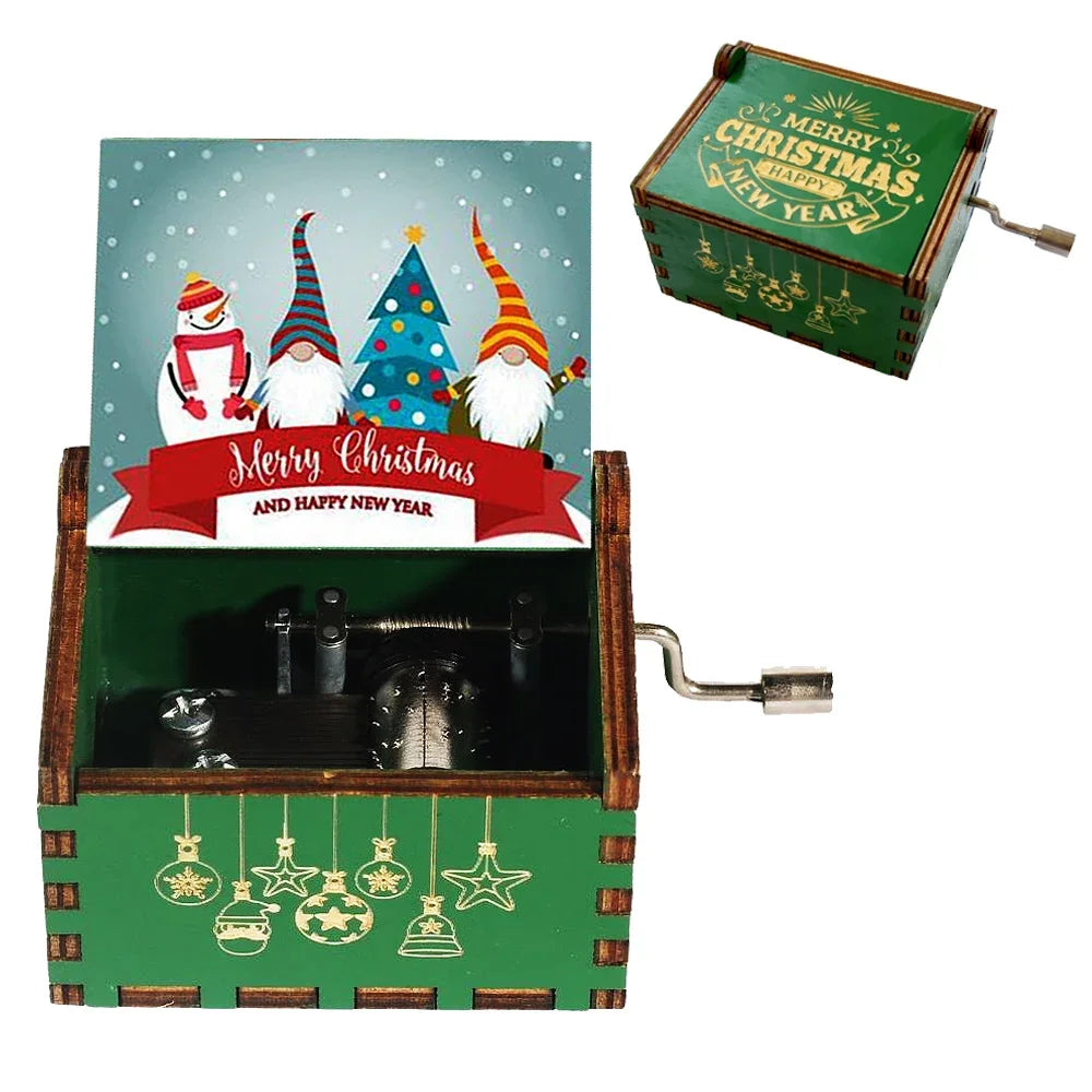 Merry Christmas Music Box Wooden Antique Carved Hand Cranked Classic Theme Music for Birthday Party Gifts Family Decoration