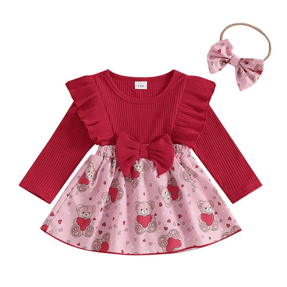 Infant Girls Rompers Dress Valentine s Day Outfit Bear Heart Print Skirt Hem Long Sleeve Spring Jumpsuits with Matching