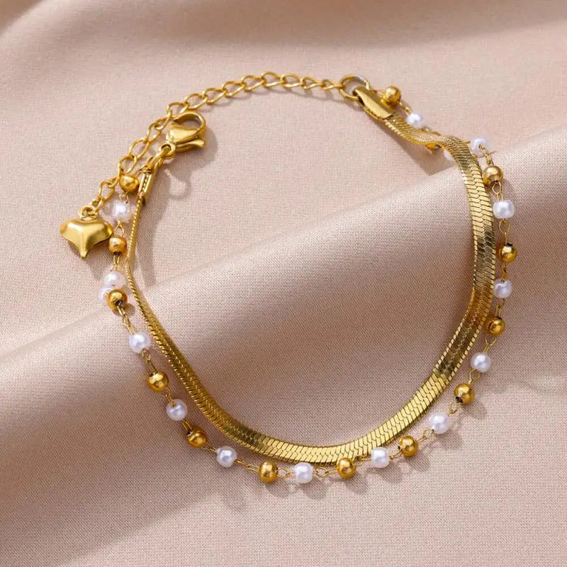 Anklets for Women Artificial Pearl Double Layer Stainless Steel Anklet Summer Beach Accessories Foot Leg Bracelets Jewelry Gifts